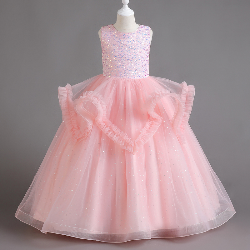 3-14 Years Old Long Dress Wedding Sequined Gowns Pink Red White Stage Costume Kids Girl Princess Dresses