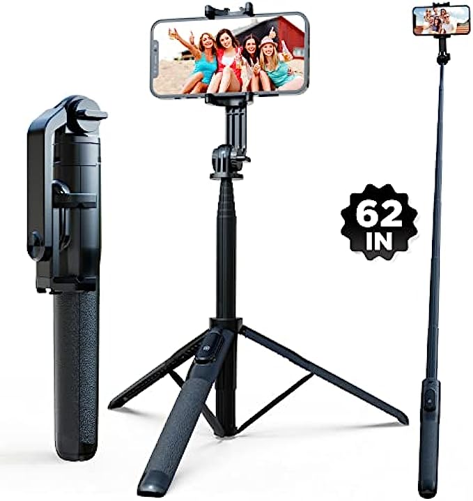 62&quot; Selfie Stick, Extendable Selfie Stick Tripod with Wireless Remote, Portable &amp; Lightweight Phone Holder for Video Recording, Selfies, Vlog, YouTube and TikTok, Phone Tripod Fit for All Cel
