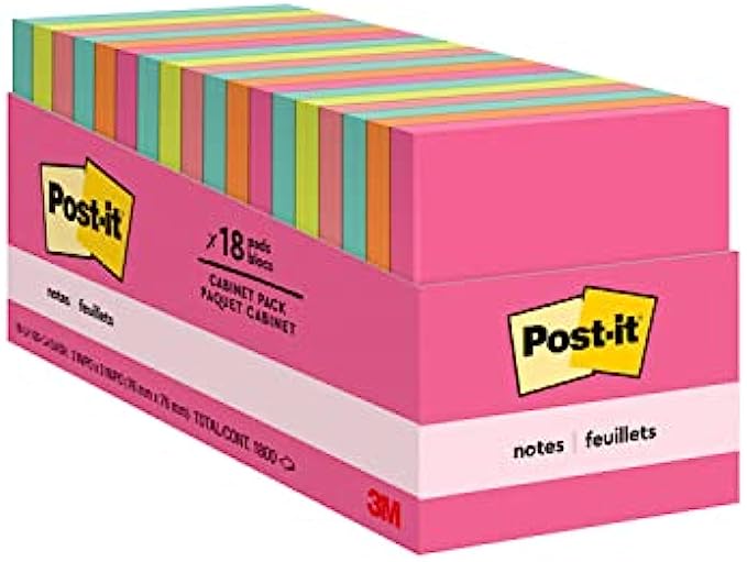 Post-it Notes, 3x3 in, 18 Pads, America&#039;s #1 Favorite Sticky Notes, Cape Town Collection, Bright Colors (Magenta, Pink, Blue, Green), Clean Removal, Recyclable (654-18CTCP)