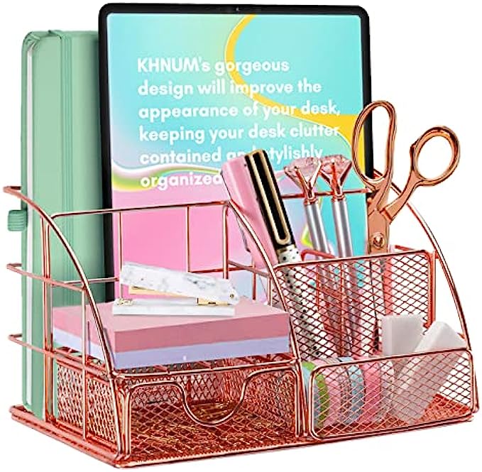 Rose Gold Desk Supplies Organizer, Multi-functional Mesh Desk Organizer with 6 Compartments &amp; Desk Drawer Organizer for Office Supplies and Desk Accessories