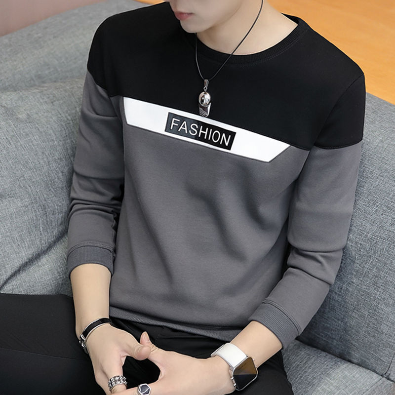 T-shirt men&#039;s color matching Sweatshirt slim t-shirt men&#039;s Long Sleeve Top Black Red