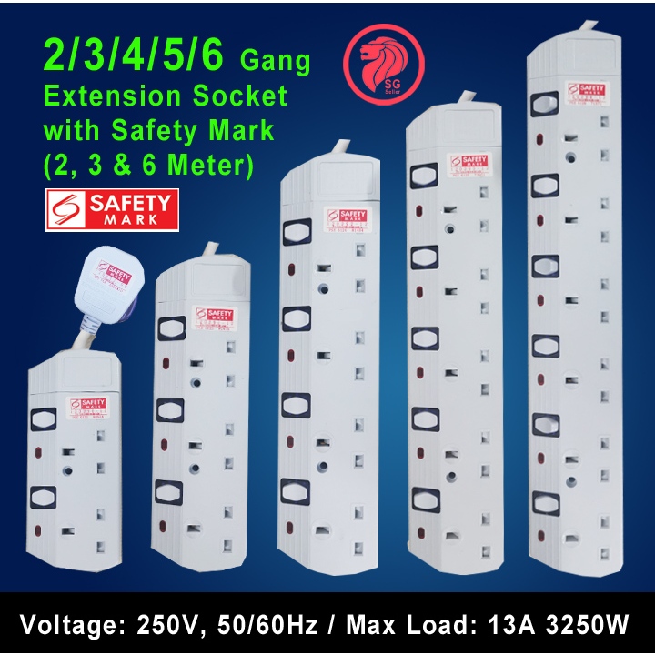 2/3/4/5/6 Gang Extension Socket with Singapore Safety Mark (2, 3 & 6 Meters)